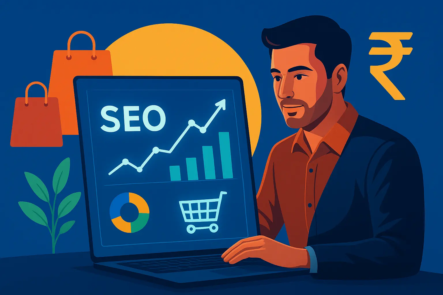 ndian e-commerce business owner analyzing SEO results showing organic sales growth without paid ads
