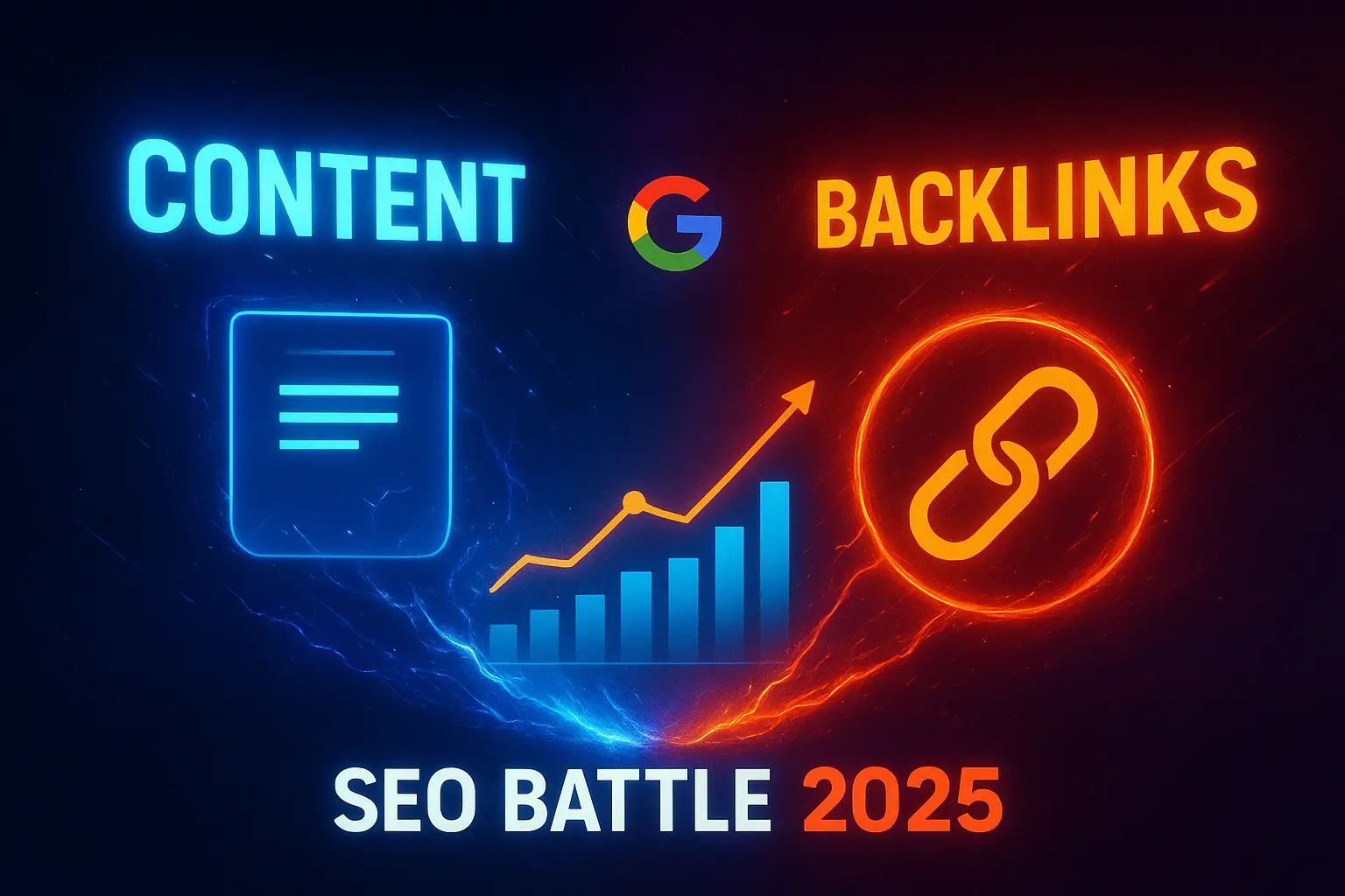 Illustration of Content vs Backlinks debate showing futuristic SEO battle for Google ranking dominance in 2025, created by SouravLabs.