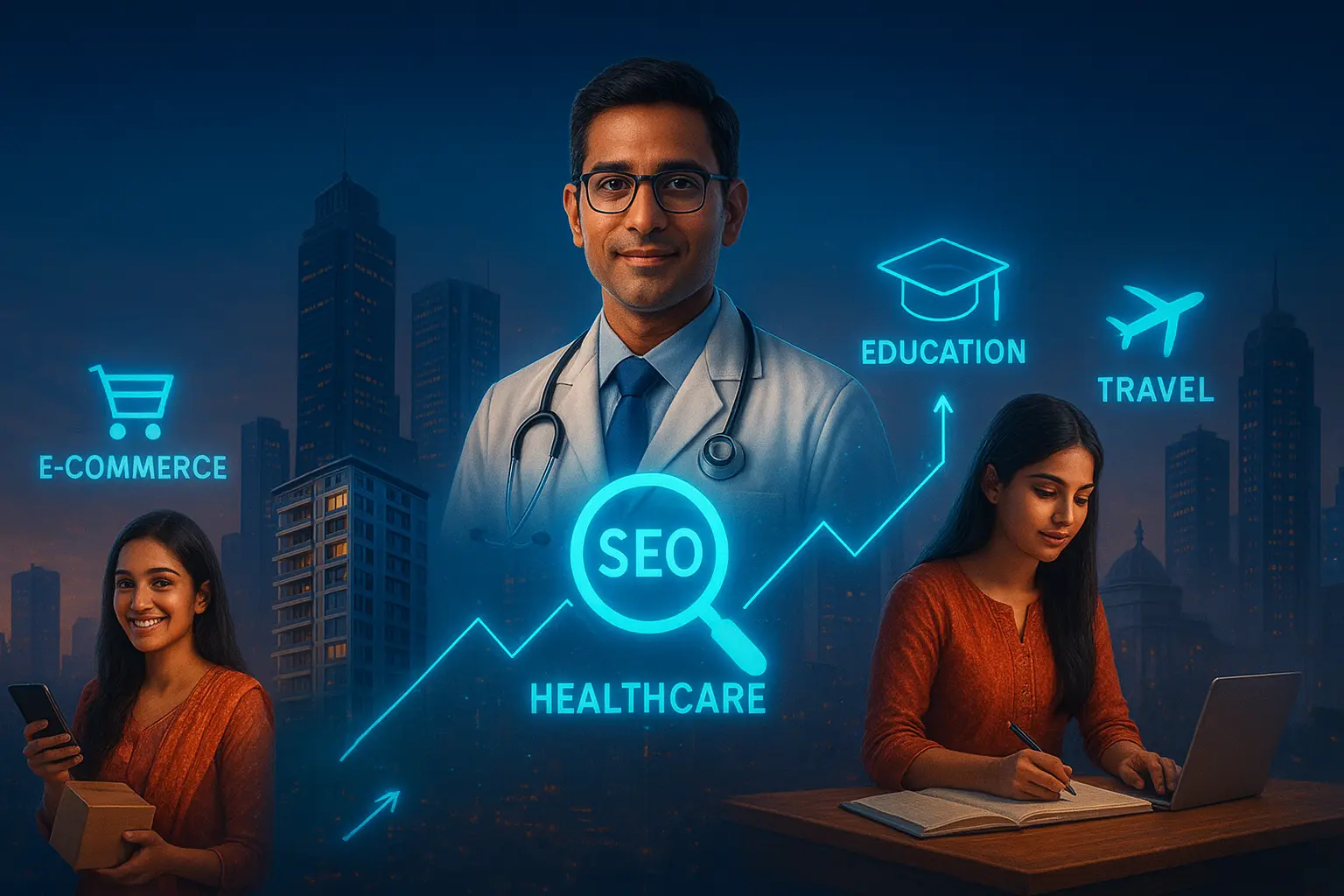 Top 5 Industries in India benefiting from SEO with digital growth visuals — E-commerce, Real Estate, Healthcare, Education, and Travel — by SouravLabs