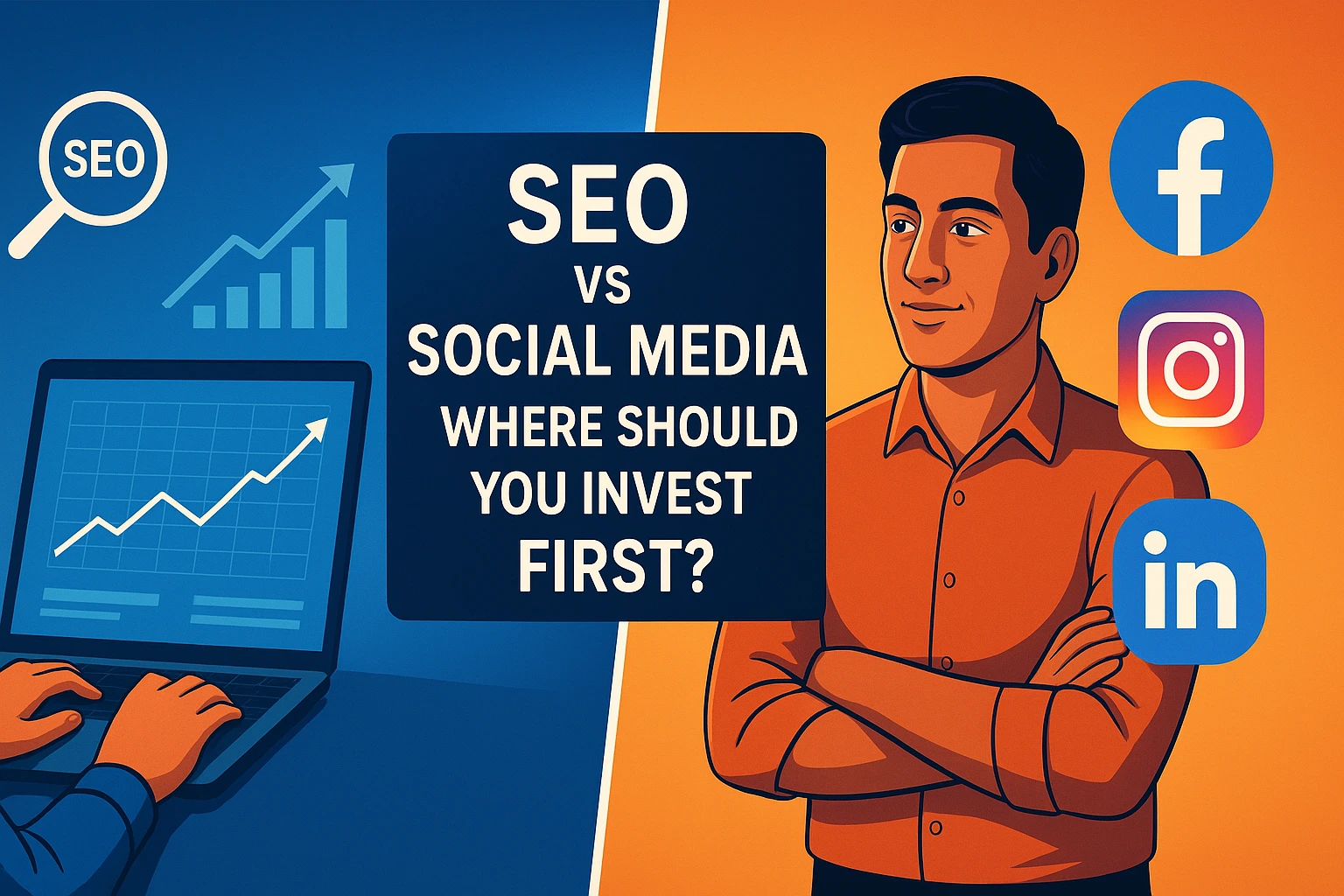 A small business owner comparing SEO growth analytics with social media marketing results, highlighting where to invest first.