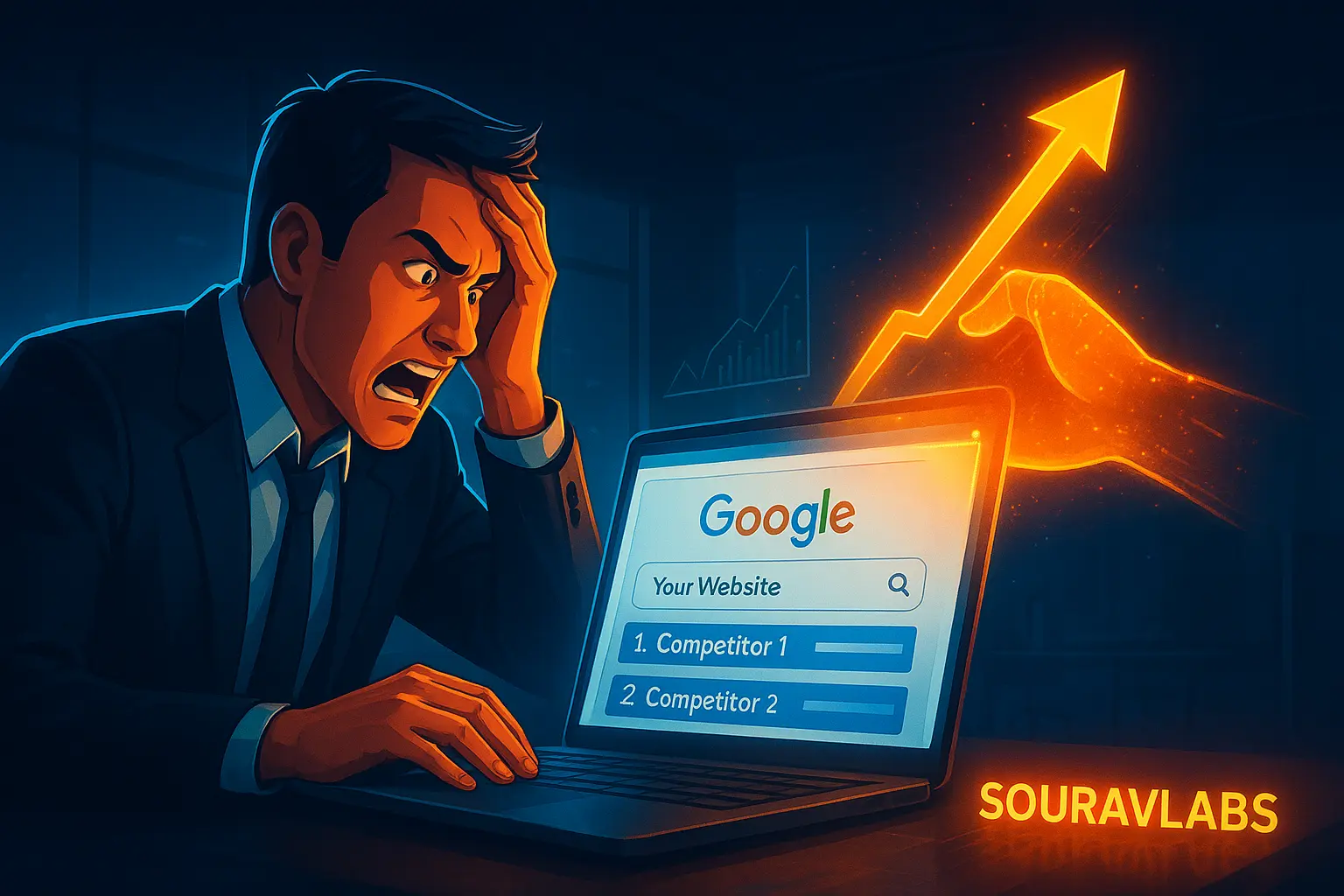 A frustrated business owner sees competitors ranking higher on Google search results, while SouravLabs boosts his website to the top.
