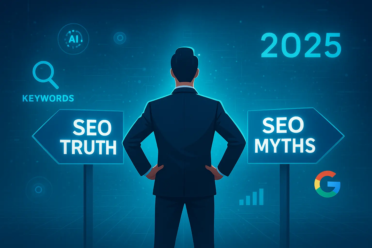 Illustration of a small business owner uncovering SEO myths in 2025 with SouravLabs as the truth provider.