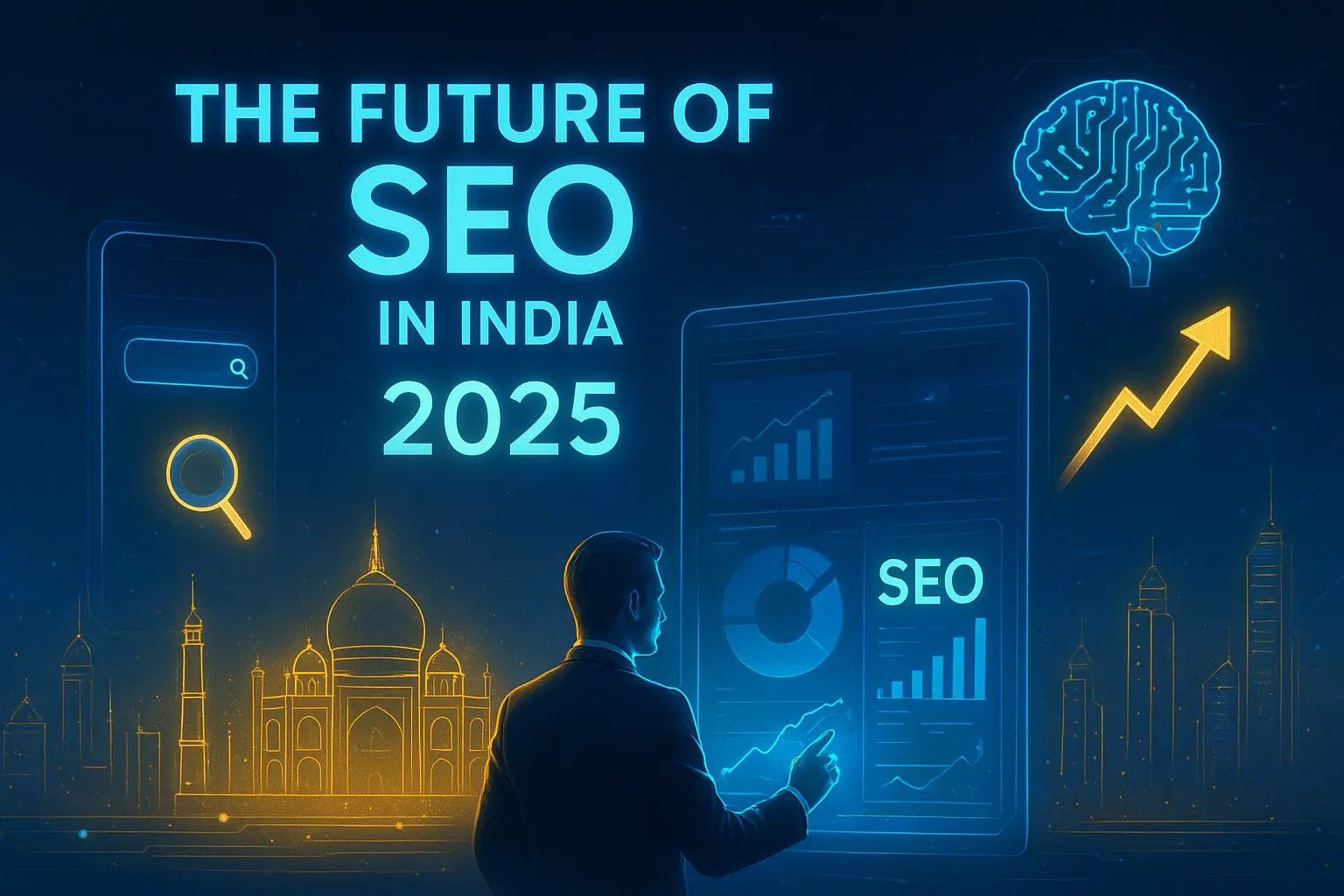 Businessperson analyzing futuristic SEO data with AI technology and India’s digital skyline – representing the Future of SEO in India 2025