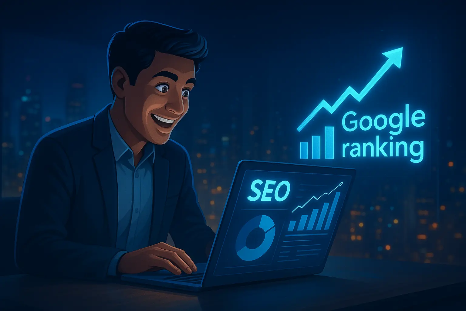 Illustration showing a small business owner analyzing an SEO dashboard for on-page optimization in 2025