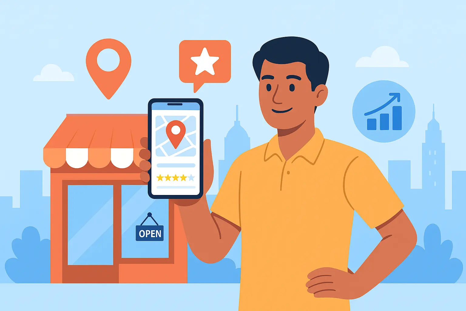Local SEO in India illustration showing a business pinned on Google Maps with a happy Indian shop owner.