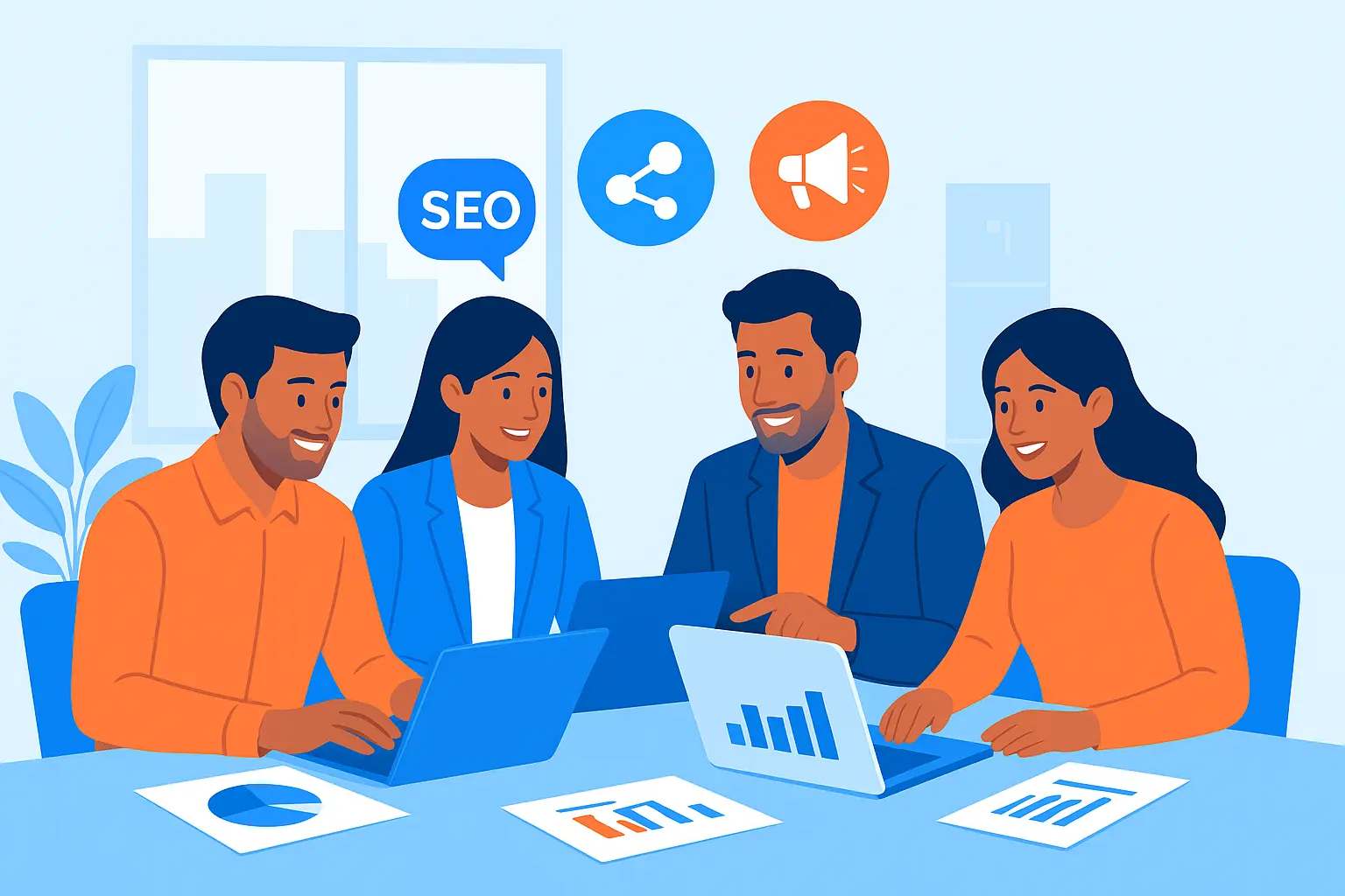 Indian entrepreneurs comparing digital marketing agencies in a modern office — SouravLabs Local SEO experts