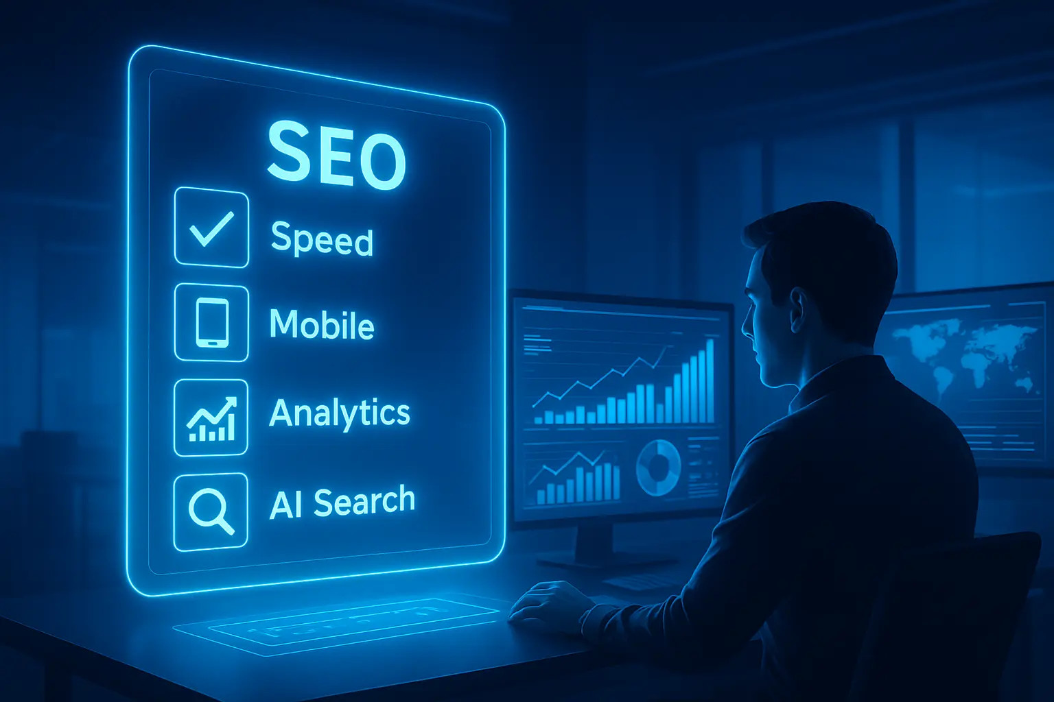 Digital checklist for SEO-ready websites in 2025 showing website audit, speed optimization, and AI-driven analytics by SouravLabs.