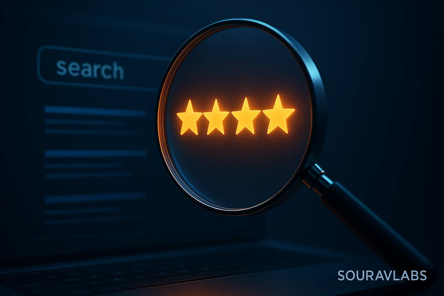 Illustration of SEO and online reputation synergy with glowing 5-star reviews and search rankings, representing SouravLabs’ review management strategy