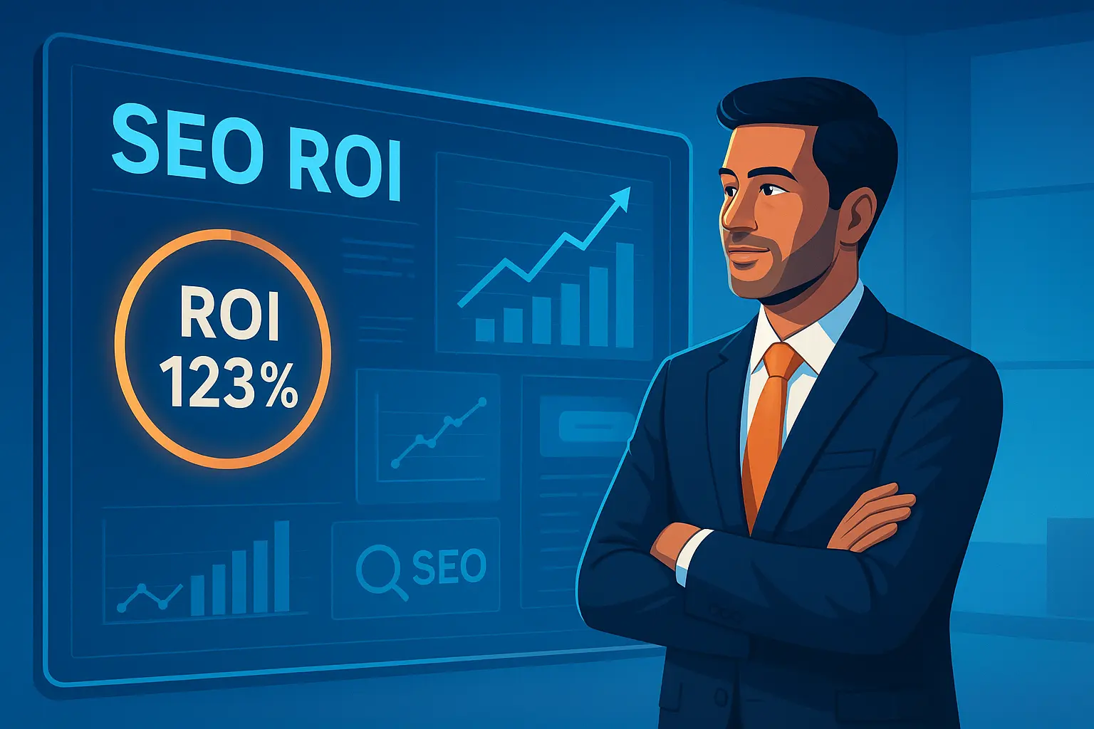 Business owner reviewing SEO ROI performance charts and growth metrics using SouravLabs analytics dashboard.
