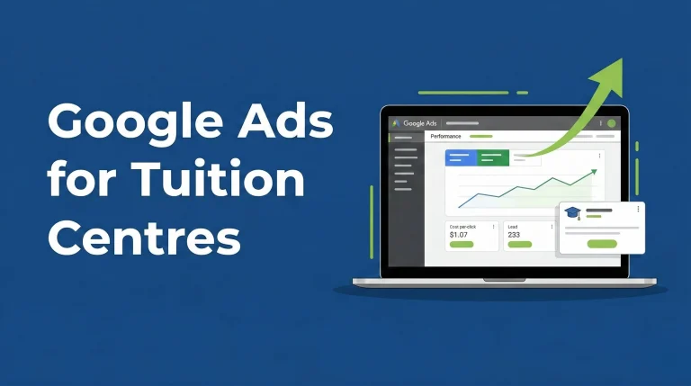 A modern laptop showing Google Ads dashboard and growth chart illustrating how to run Google Ads for tuition centres near me.