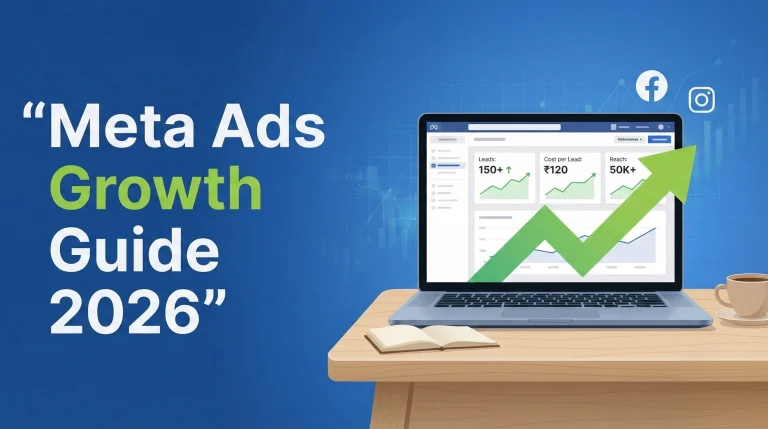 Laptop showing Meta Ads dashboard with growth chart and Facebook Instagram icons representing meta ads for small business India.