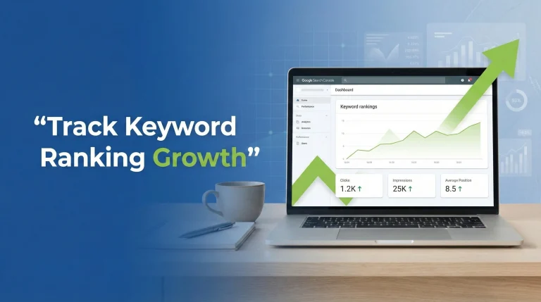 A laptop showing Google Search Console dashboard with keyword ranking growth chart for tracking keyword ranking growth in Google Search Console.