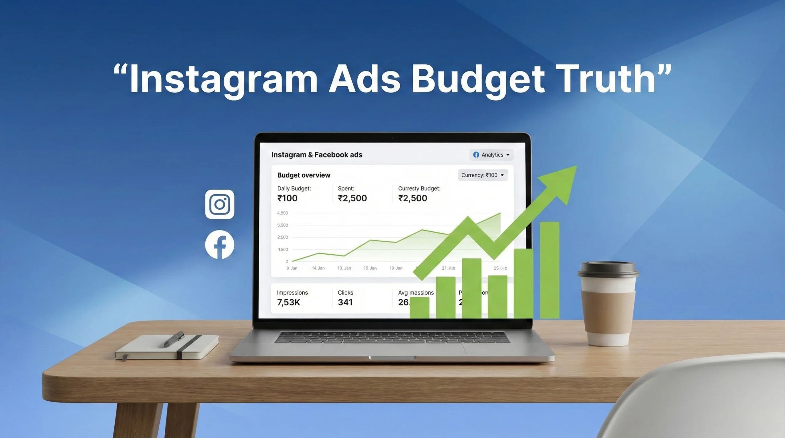 A clean visual showing Instagram ads analytics and budget planning, explaining the instagram ads minimum budget India for small businesses.