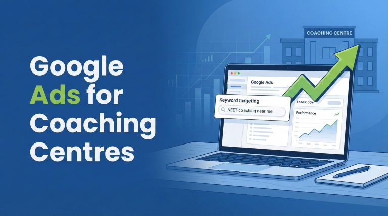 Laptop displaying Google Ads dashboard with rising performance chart and small city coaching centre context representing Google Ads for coaching centres in small cities.
