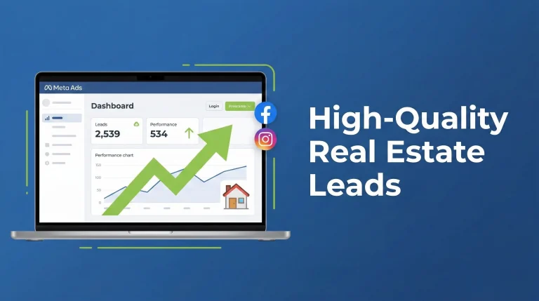 A modern dashboard showing Meta Ads analytics and growth charts representing meta ads for real estate India lead generation strategy.