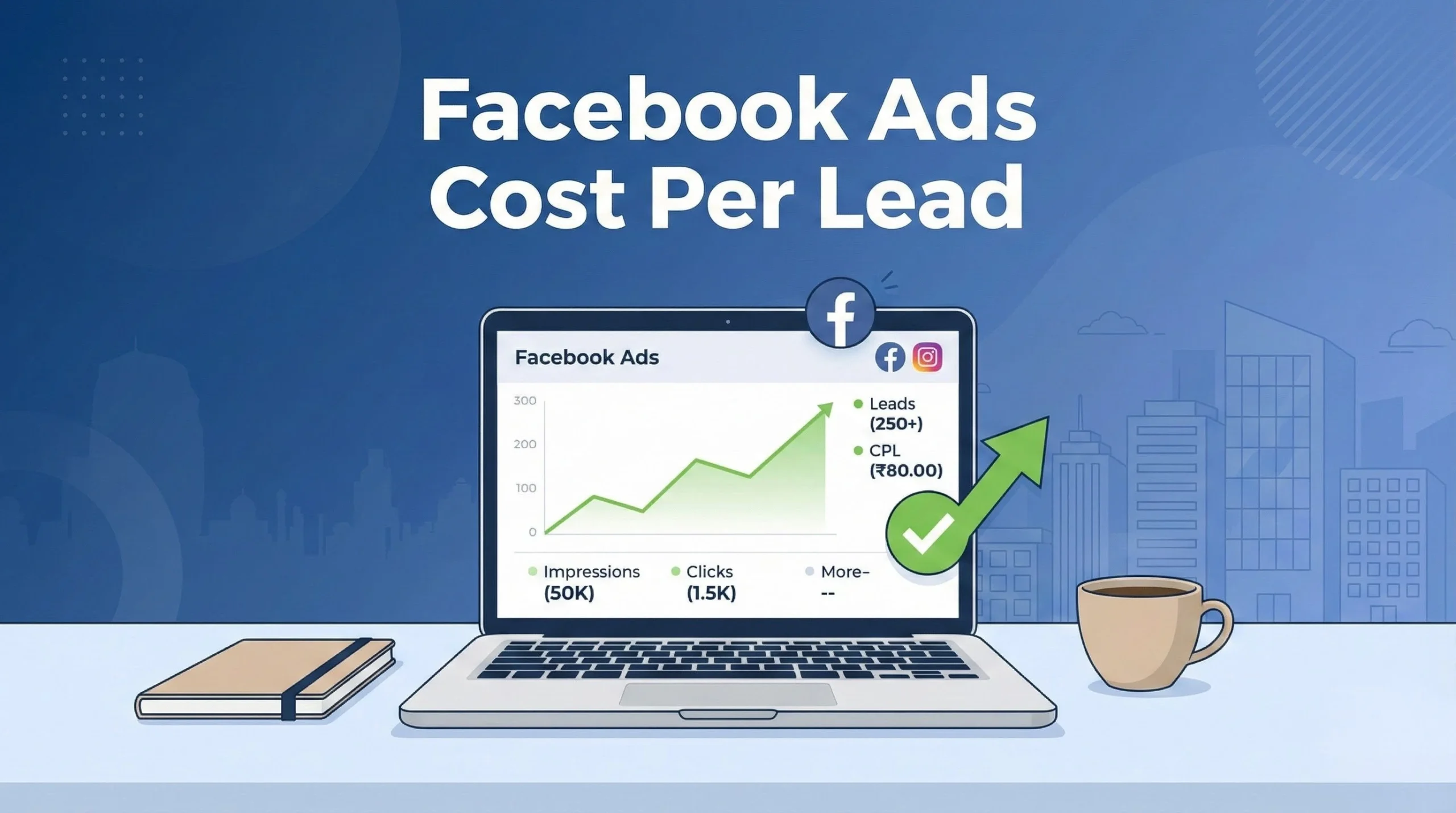 Illustration showing Facebook ads dashboard and analytics explaining facebook ads cost per lead in India for small businesses.