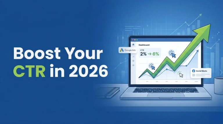 Laptop displaying analytics dashboard with rising click-through rate chart and green growth arrow representing CTR optimization guide for higher clicks in India.