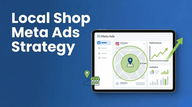 A laptop showing Meta ads dashboard with a map radius targeting nearby customers for a local shop advertising strategy.