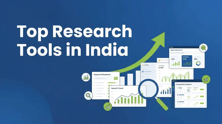 A laptop showing multiple analytics dashboards and keyword research tools representing top 10 web research tools in India for business growth.