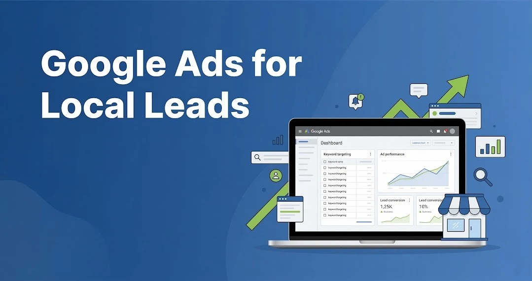 A laptop showing a Google Ads dashboard with lead generation analytics representing how local businesses get leads using Google Ads.