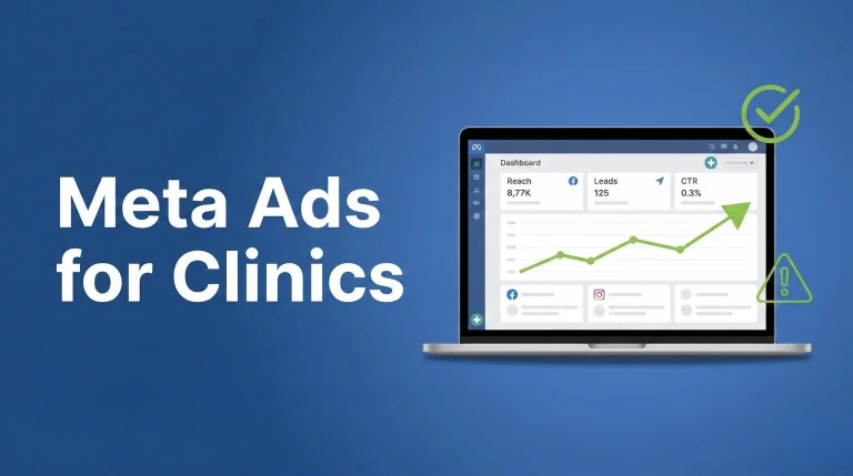 A modern laptop showing Meta ads dashboard with clinic promotion graphics and growth chart illustrating meta ads for doctors clinic.