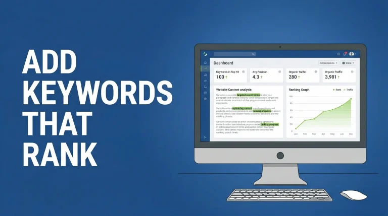 A modern laptop displaying website content with highlighted keywords and SEO analytics chart illustrating how to add Google keywords to your site.