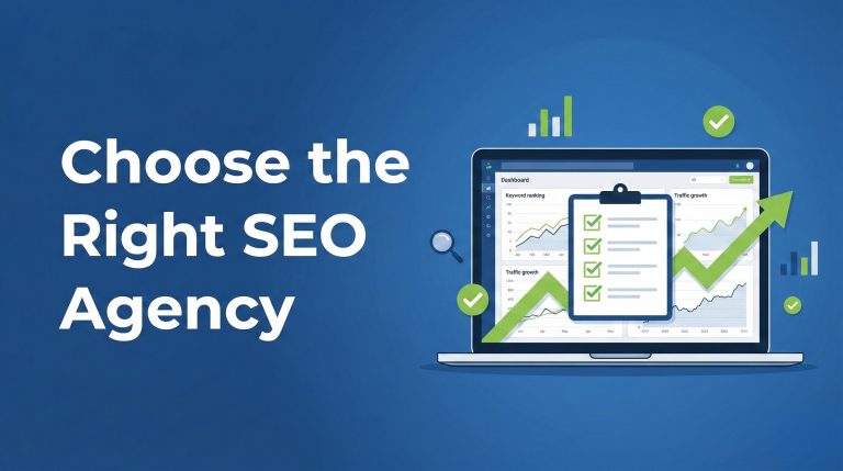 A professional laptop showing SEO analytics dashboard and checklist graphic illustrating how to choose the best SEO agency in India in 2025.