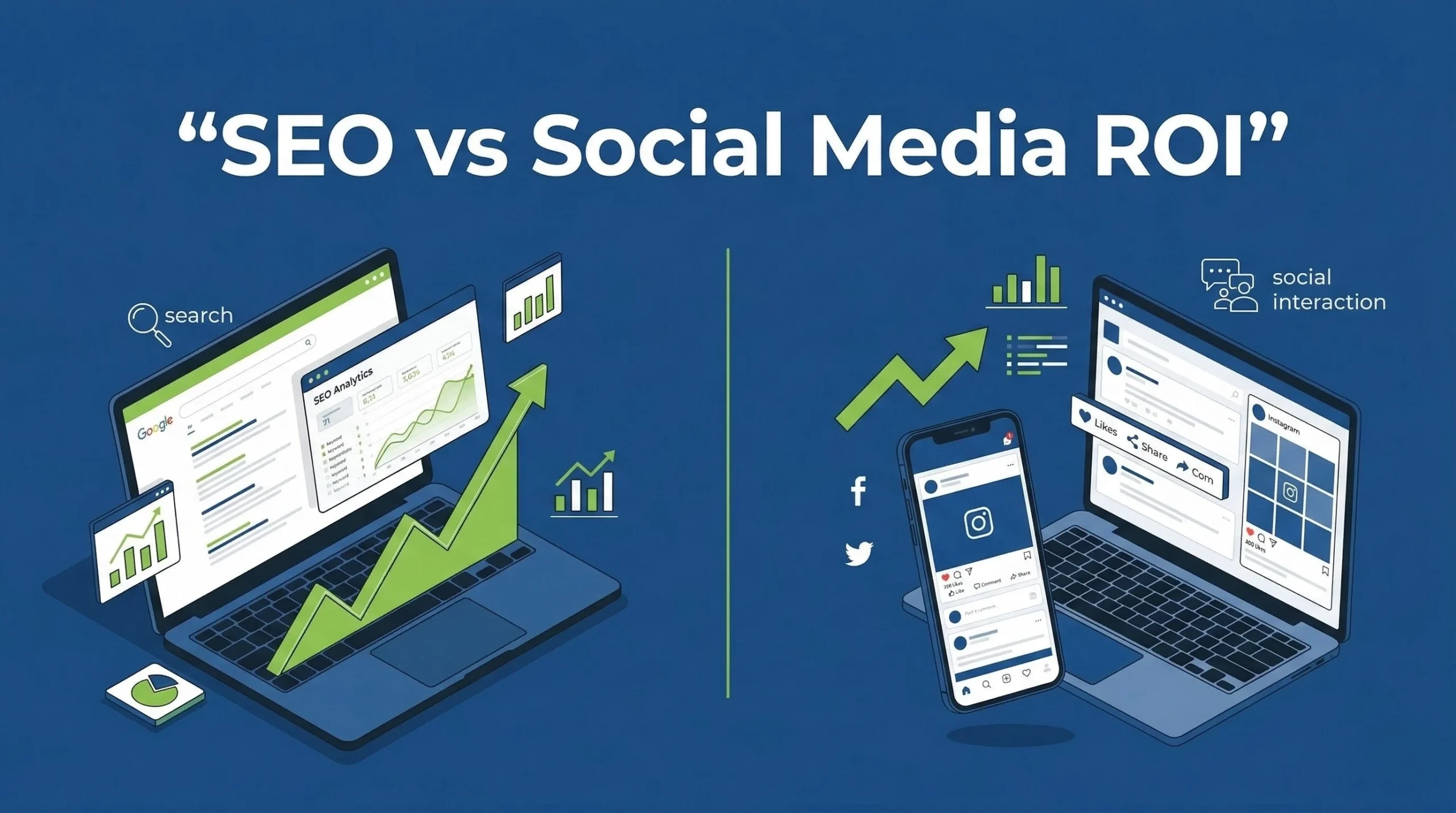 A laptop showing SEO analytics dashboard and social media performance charts comparing SEO vs social media marketing ROI.