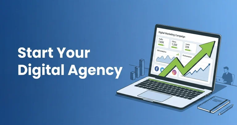 A modern laptop displaying marketing analytics dashboard and growth chart illustrating how to start digital marketing business in India.