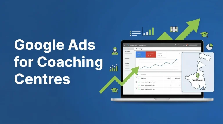 A laptop showing Google Ads dashboard promoting a local coaching centre campaign targeting students in West Bengal.