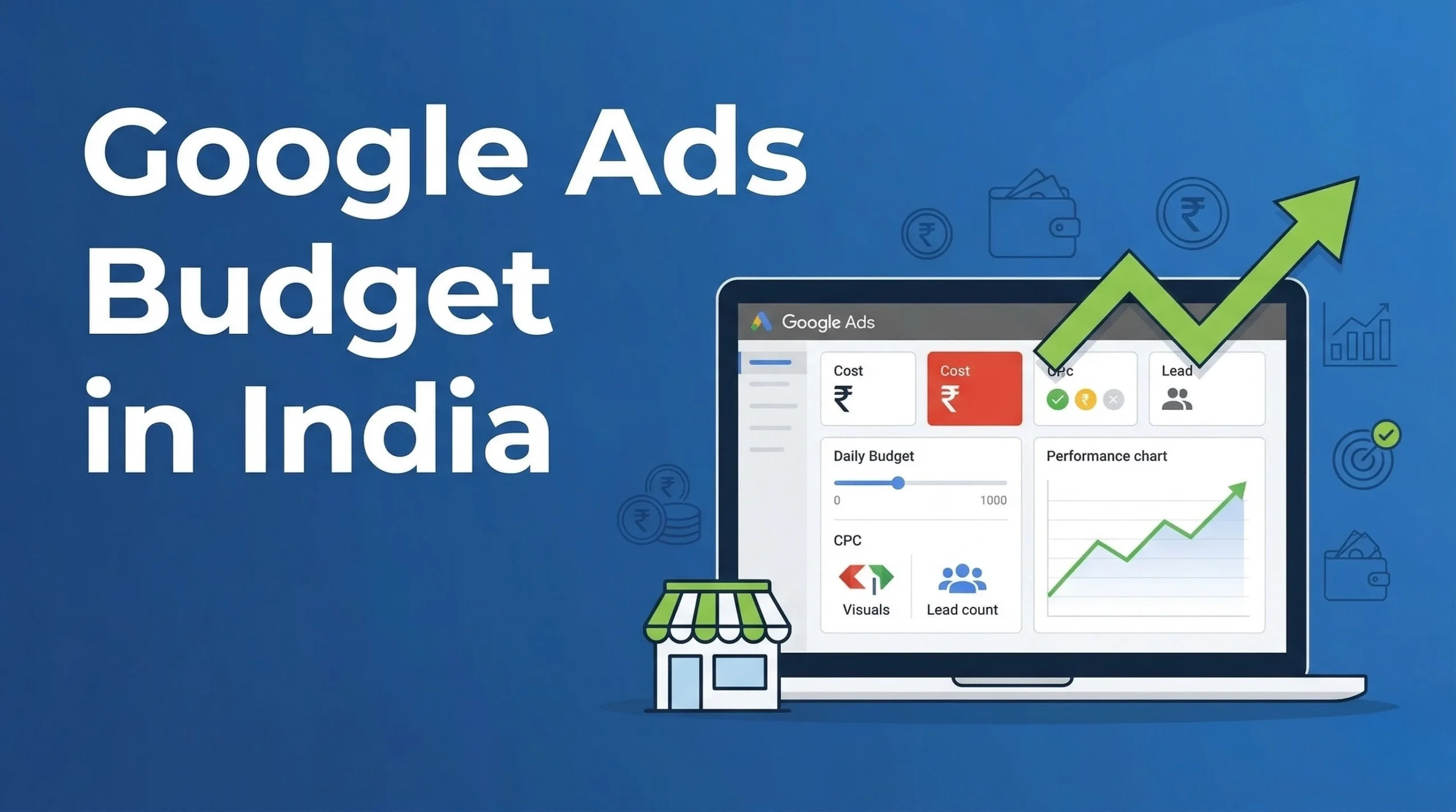 A laptop showing Google Ads budget and performance dashboard with cost and lead metrics representing minimum budget for Google Ads in India.