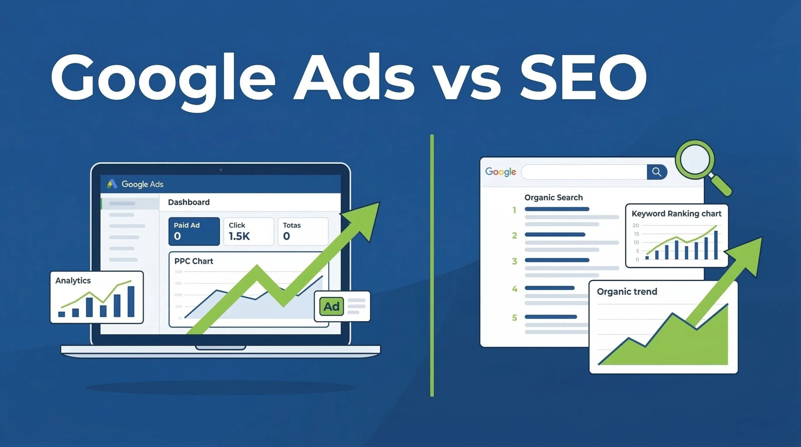 A laptop displaying a comparison dashboard of Google Ads and SEO performance charts showing digital marketing strategies for small businesses.
