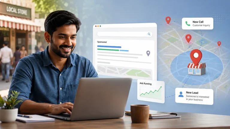 "Local business owner using Google Ads to generate leads from nearby customers