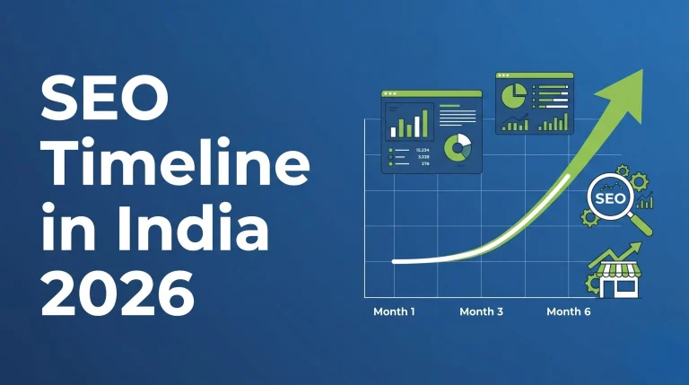 A laptop displaying an SEO timeline with growth charts over months showing how much time SEO takes in India.